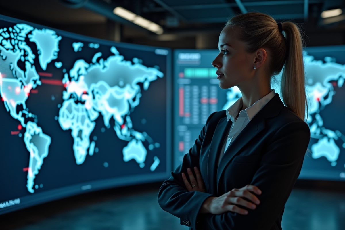 Officielle cybersécurité observant une carte digitale en contrôle