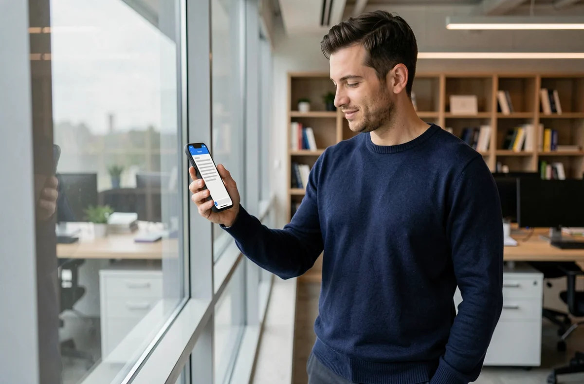 Homme consultant une application de scan de documents sur son smartphone dans un bureau moderne