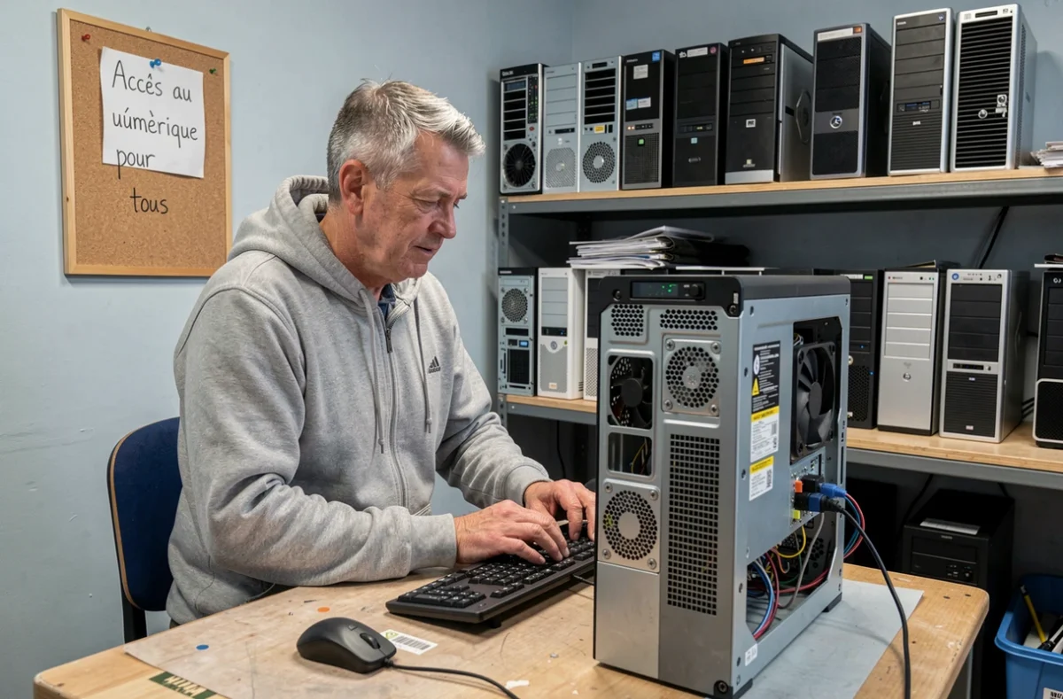 Technicien Ordidocaz configurant un ordinateur reconditionné pour favoriser l'accès au numérique