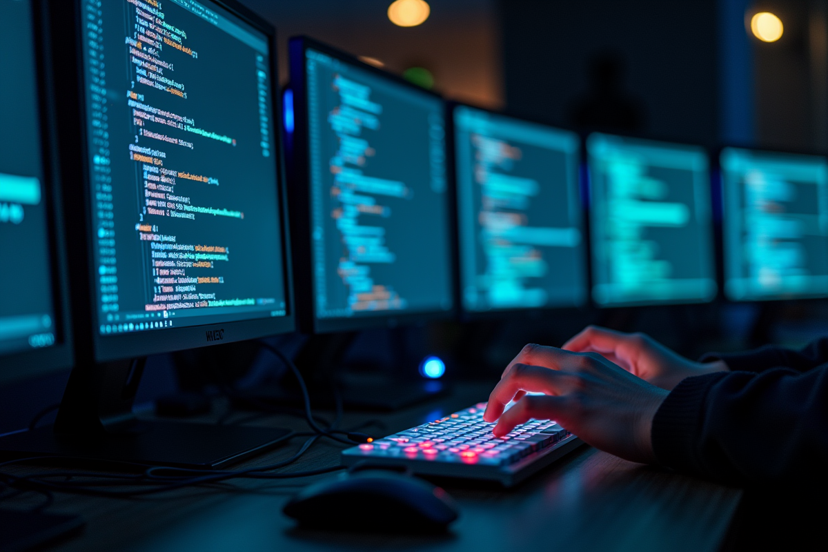 Station de travail informatique la nuit avec écrans de code et générateur de nombres