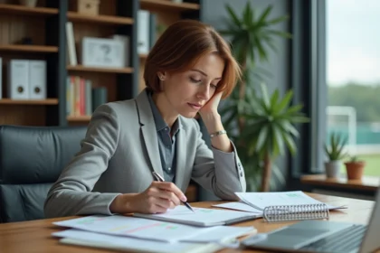 Femme d'âge moyen organisant des papiers dans un bureau sportif