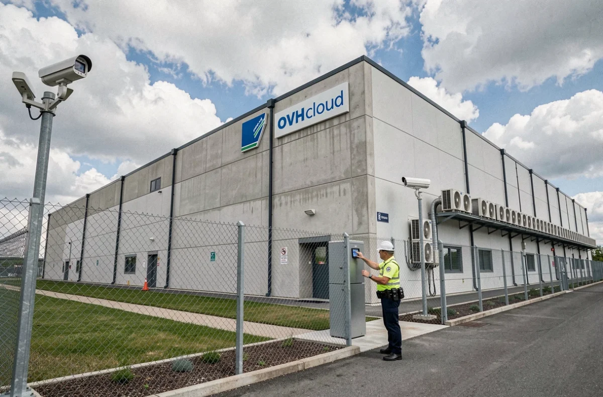 Datacenter OVHcloud à Lyon avec technicien de sécurité effectuant une ronde de contrôle extérieure