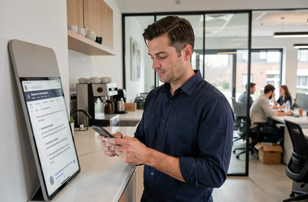Homme configurant sa messagerie mobile AC Grenoble dans une salle de pause de bureau moderne