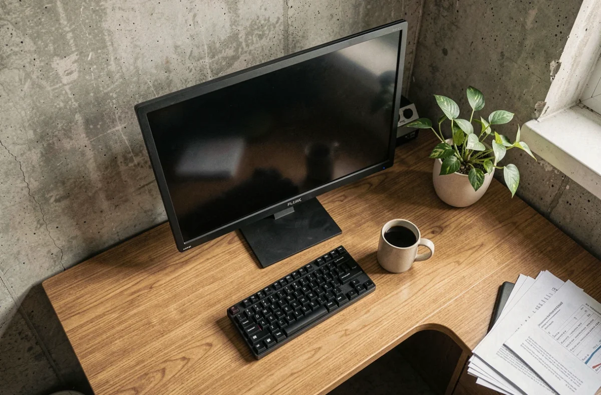 Vue en plongée d'un coin de bureau en appartement avec un moniteur 24 pouces illustrant la place nécessaire sur un petit espace de travail