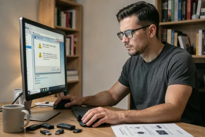 Homme frustré devant un écran d'ordinateur affichant une erreur de pilote Windows 7 64 bits