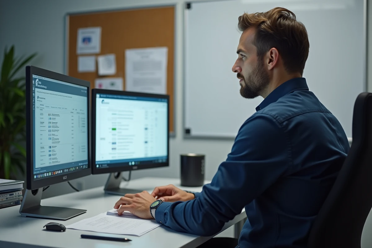 Professeur utilisant simultanément le webmail et l'ENT académique sur deux écrans de bureau