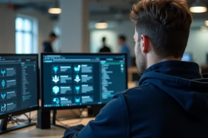 Professionnel de la cybersécurité testant ses connaissances sur les catégories de logiciels malveillants sur un poste de travail à double écran