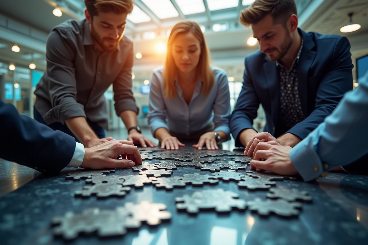 Professionnels collaborant sur un puzzle blockchain dans un espace moderne