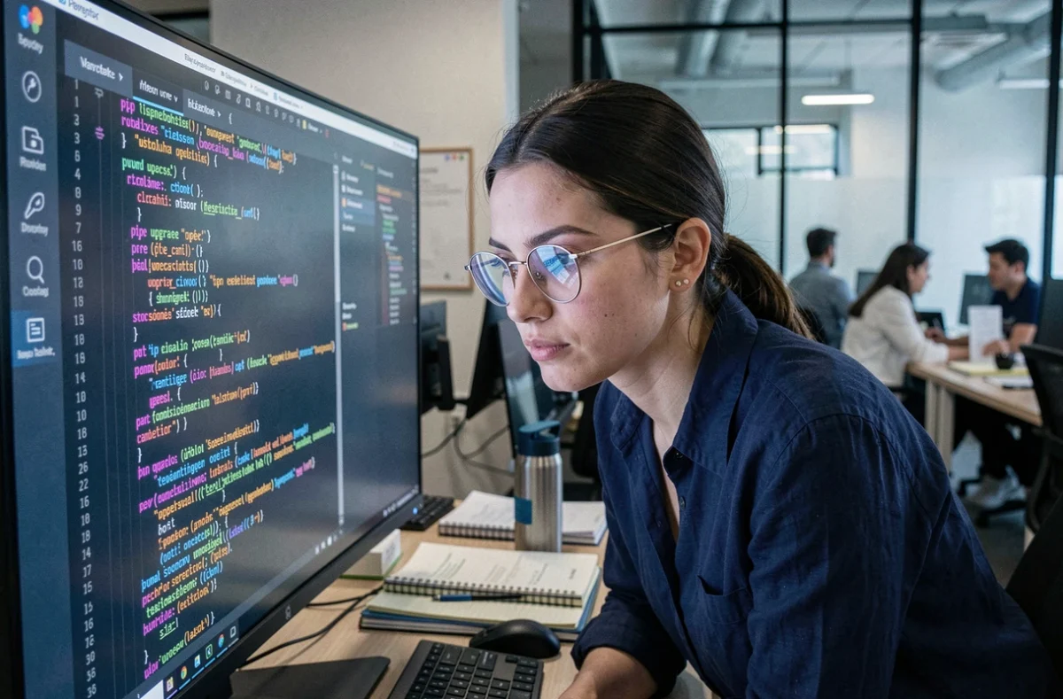 Programmeuse Python analysant les logs de mise à jour pip dans un terminal sur un écran ultrawide dans un open space