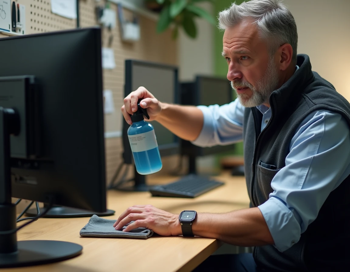 Homme préparant le nettoyage d'un écran d'ordinateur avec spray et chiffon dans un espace de travail partagé
