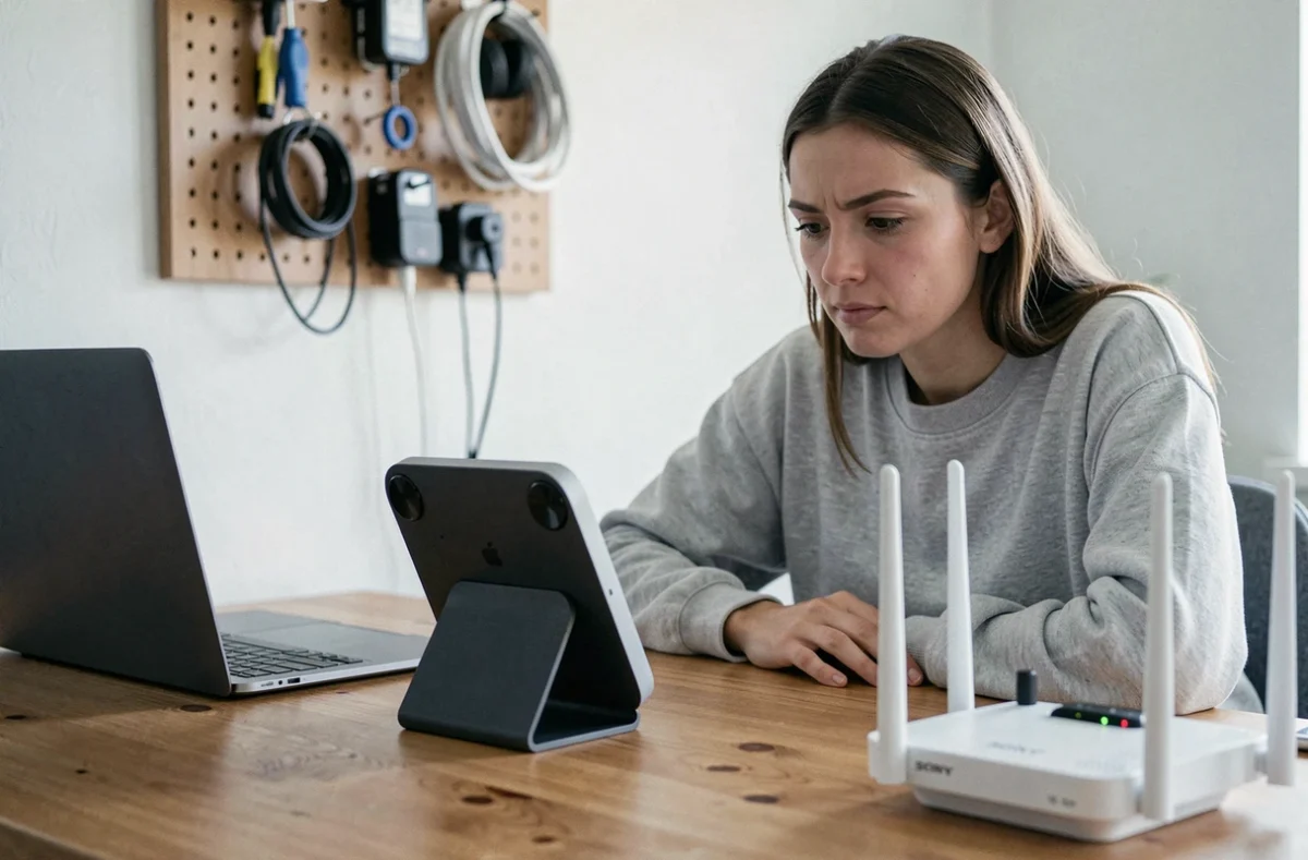 Femme utilisant une PS Portal sur un bureau à domicile avec un routeur ADSL visible à proximité