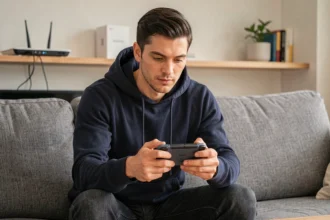 Homme jouant sur une PS Portal depuis son salon avec une connexion fibre optique visible en arrière-plan