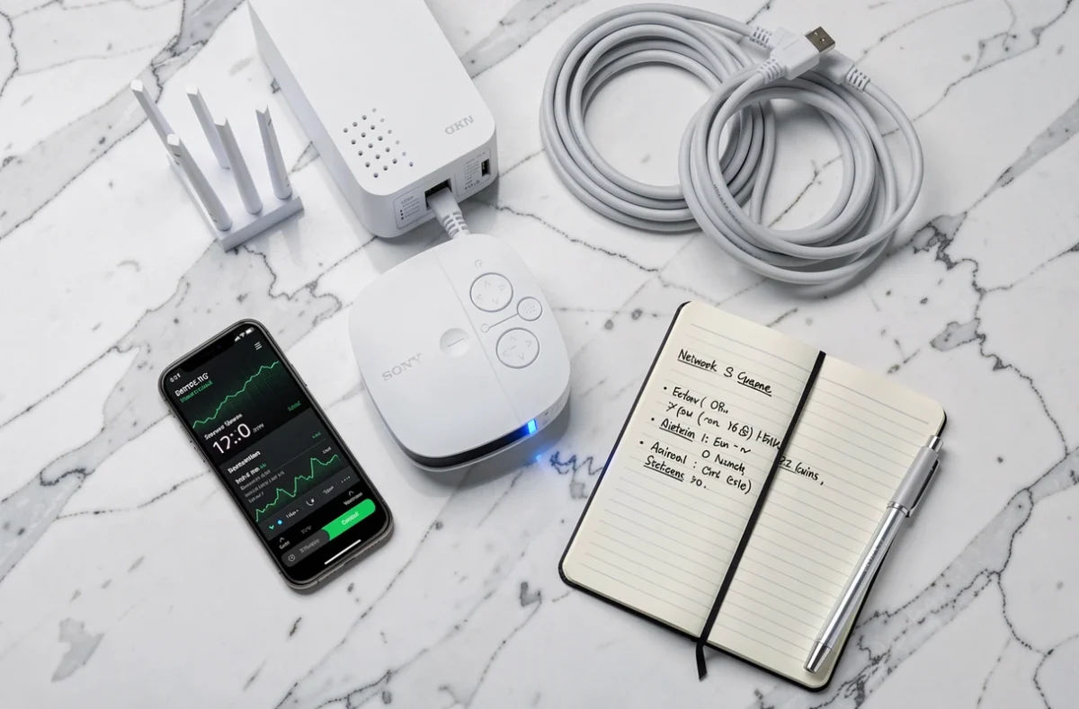 Vue aérienne d'une PS Portal posée à côté d'un modem fibre et d'un smartphone affichant un test de débit réseau