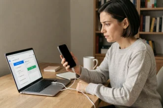 Femme connectant un Samsung Galaxy Z Flip 4 à écran noir à un ordinateur portable via Smart Switch pour récupérer ses données