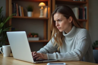 Femme récupérant l'accès à son compte webmail après un mot de passe oublié sur un ordinateur portable