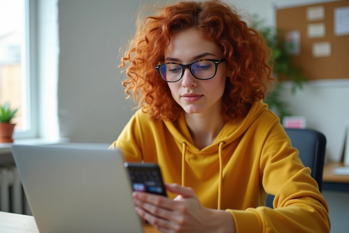 Jeune femme explorant des stories Instagram de façon anonyme depuis son bureau à domicile avec son smartphone