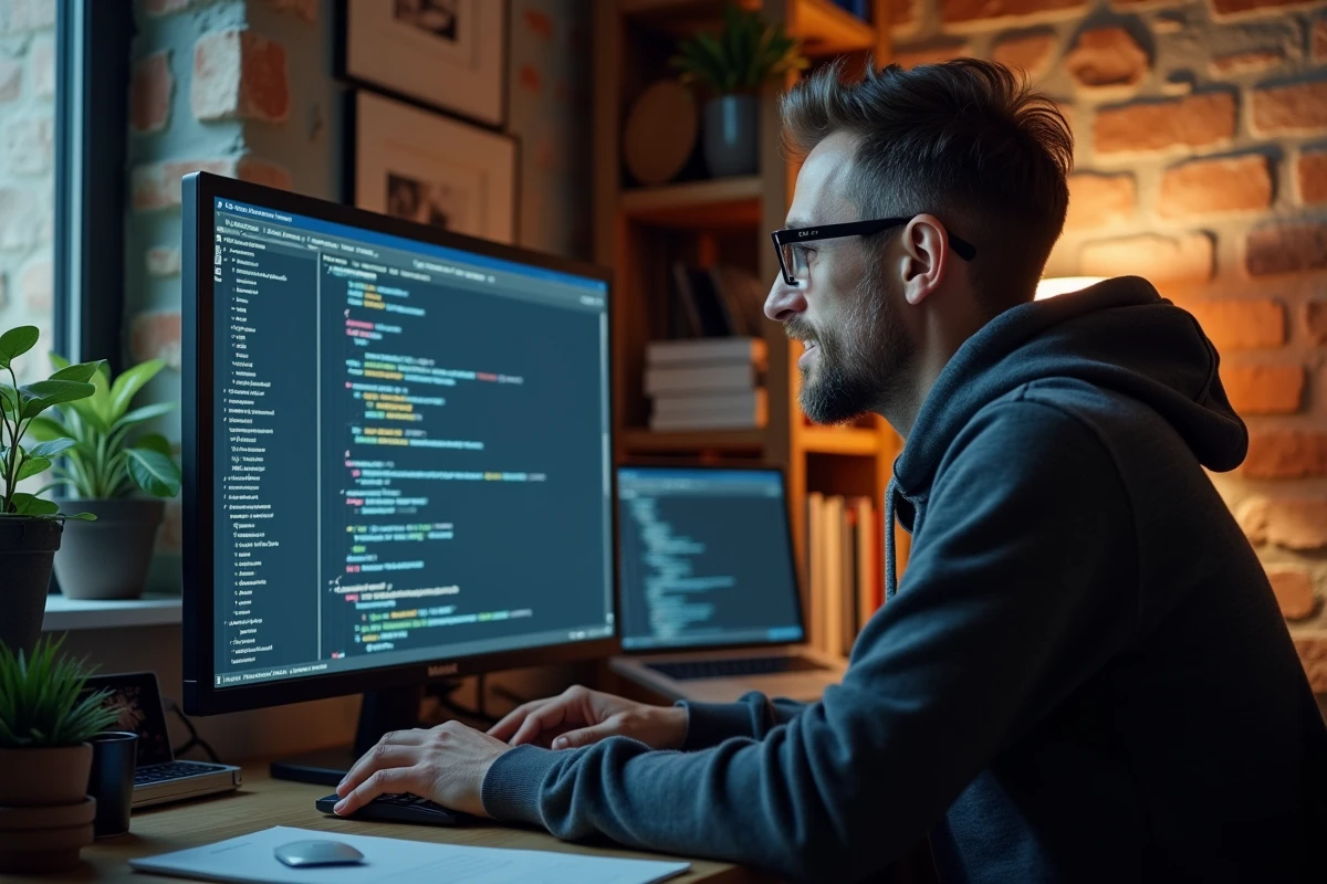 Homme configurant la sécurité de son compte webmail depuis un bureau à domicile avec paramètres de récupération visibles à l'écran