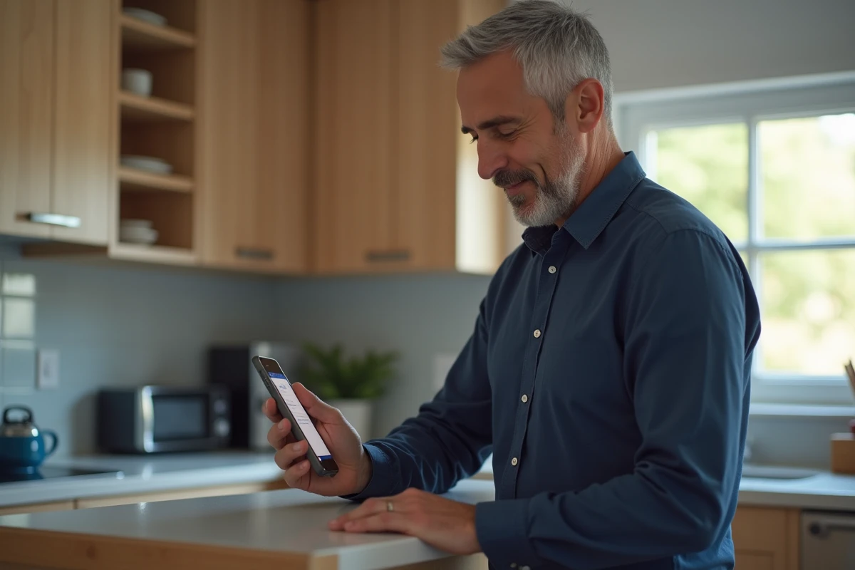 Homme consultant l'email de réinitialisation de mot de passe webmail sur son smartphone dans une cuisine moderne