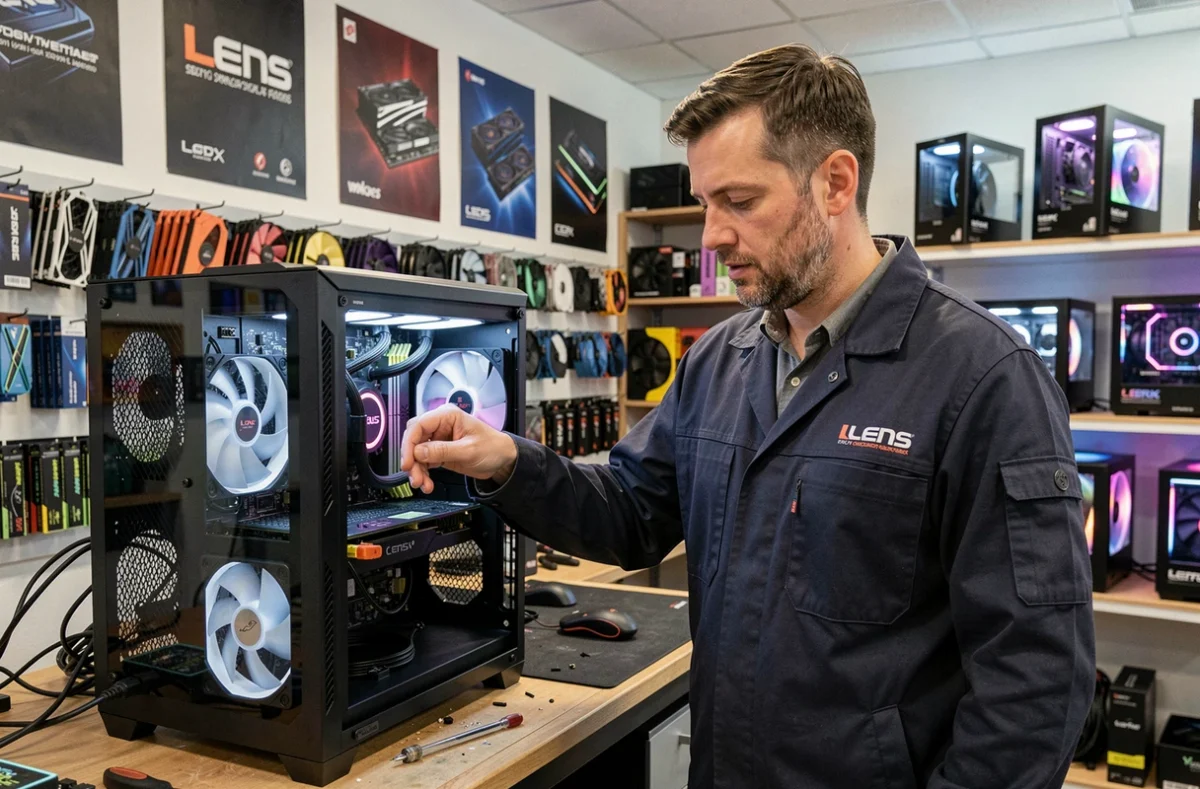 Technicien de Repair and Custom inspectant un PC gaming dans son atelier de dépannage informatique à Lens