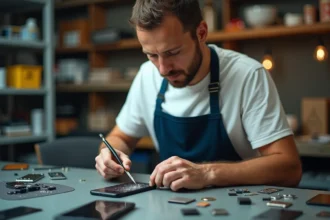 Technicien réparateur de smartphone dans un atelier de réparation téléphone à Montpellier, démontant un écran fissuré avec des outils de précision