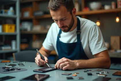 Technicien réparateur de smartphone dans un atelier de réparation téléphone à Montpellier, démontant un écran fissuré avec des outils de précision