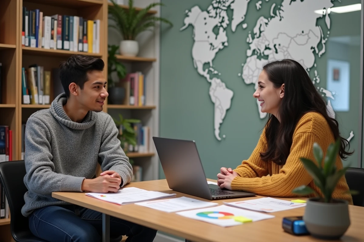 Deux étudiants en réunion de conseil avec un conseiller pédagogique pour préparer leur mobilité internationale via eservice ESIGELEC