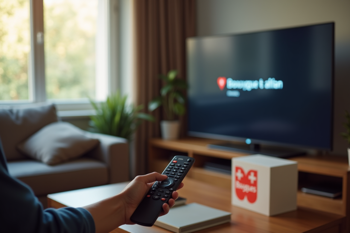 Salon calme avec personne tenant une télécommande face à une TV affichant une erreur