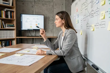 Développeuse esquissant un schéma relationnel et un diagramme MCD sur un tableau blanc dans un bureau moderne