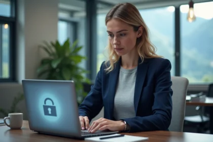 Femme professionnelle configurant les paramètres de sécurité de son webmail sur un ordinateur portable dans un bureau moderne de Grenoble