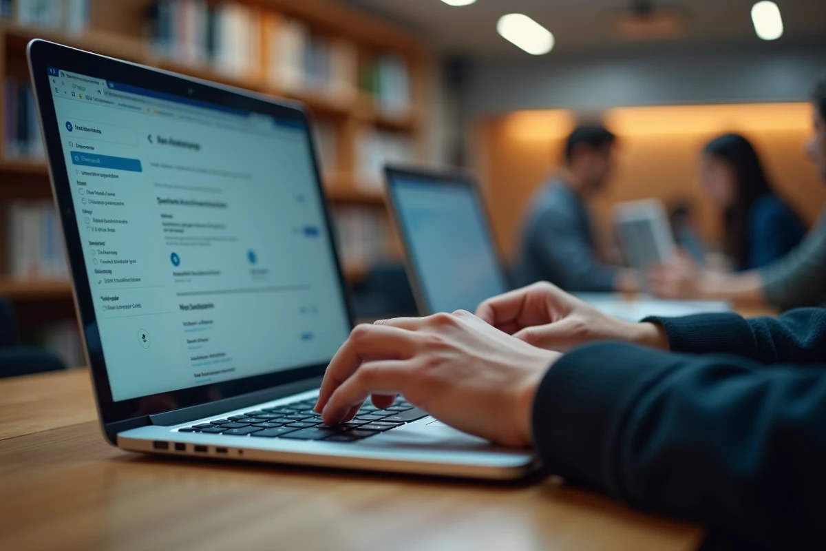 Gros plan sur des mains tapant au clavier pour sécuriser un compte webmail avec tableau de bord de sécurité visible à l'écran