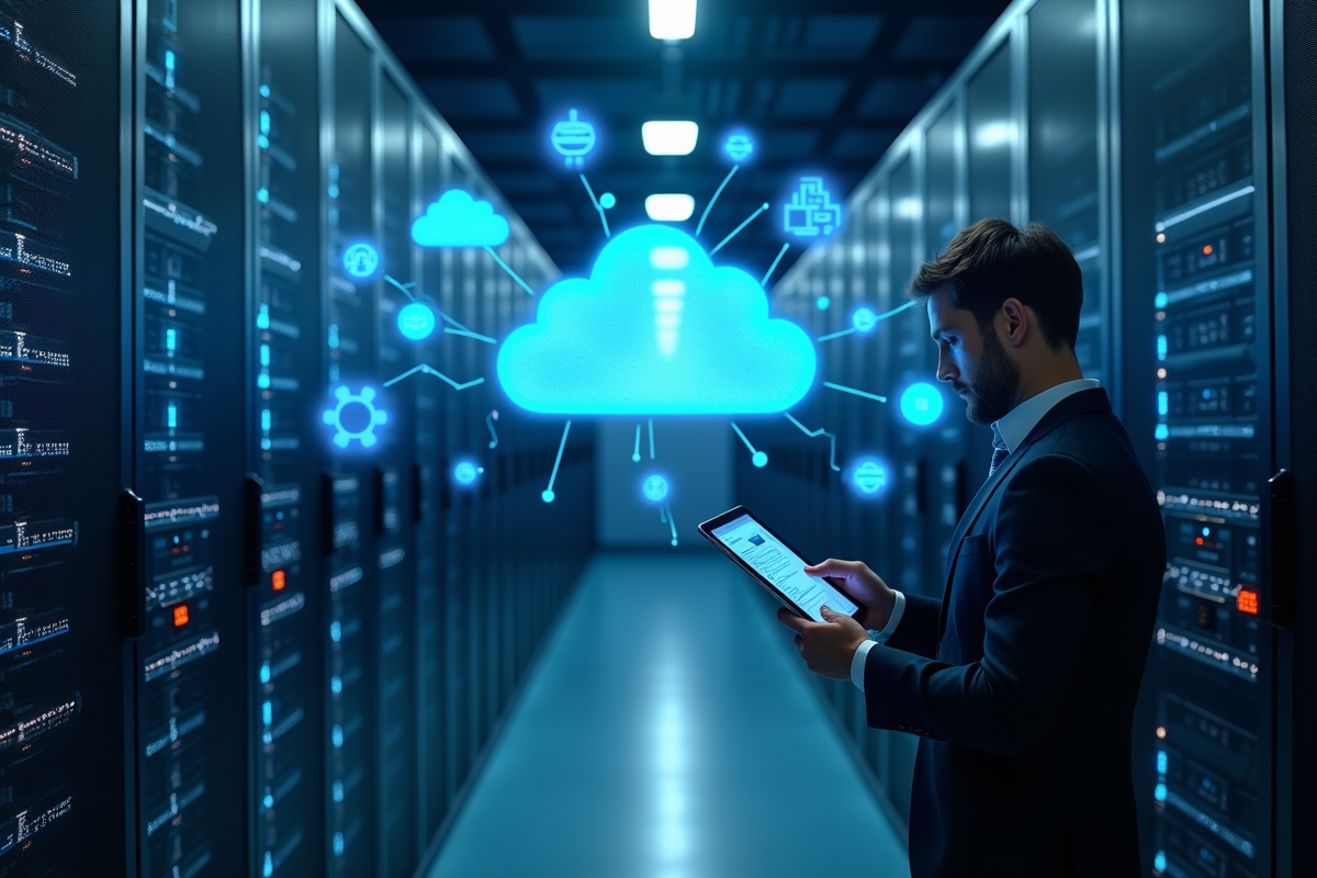 Salle serveurs avec icônes nuage et professionnel au travail