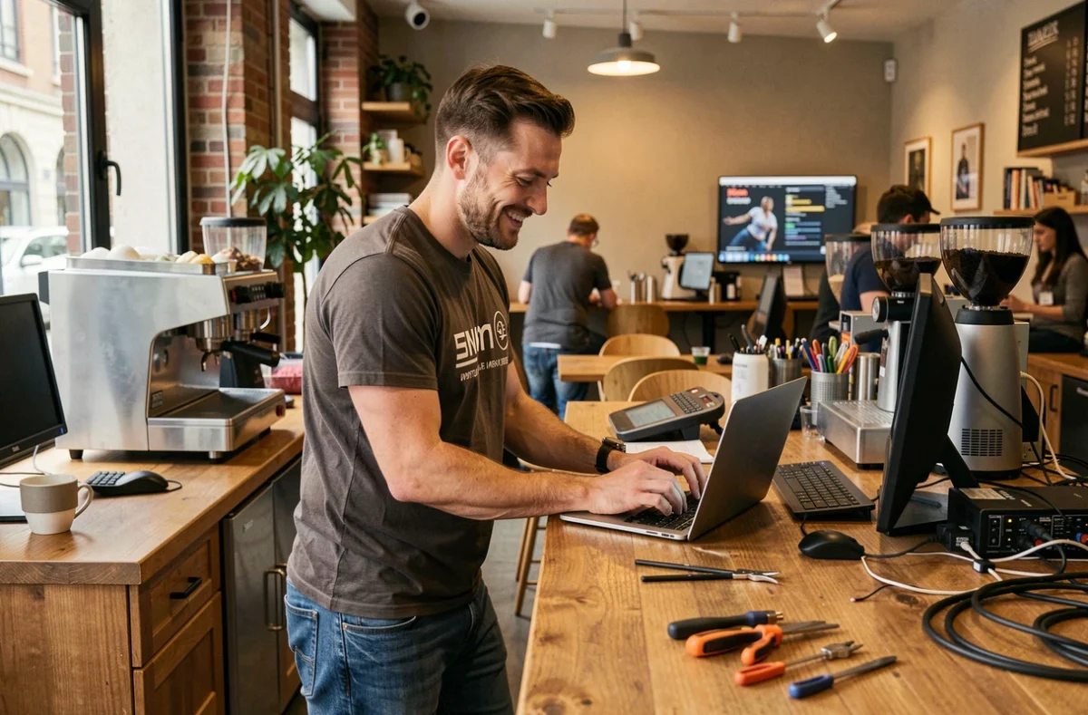 Technicien de Smart Coffee proposant un service de dépannage informatique dans un cadre café au centre de Lille