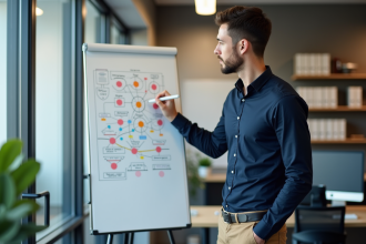 Jeune homme en SEO dessinant une carte du site