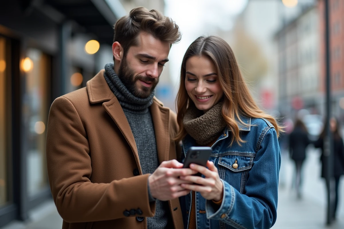 Deux personnes regardant des stories et highlights Instagram sans compte sur un smartphone en ville