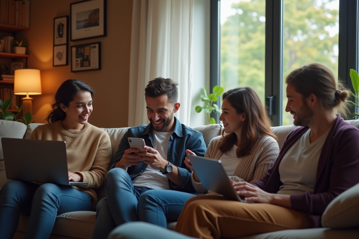 Famille recevant support en ligne dans un salon cosy