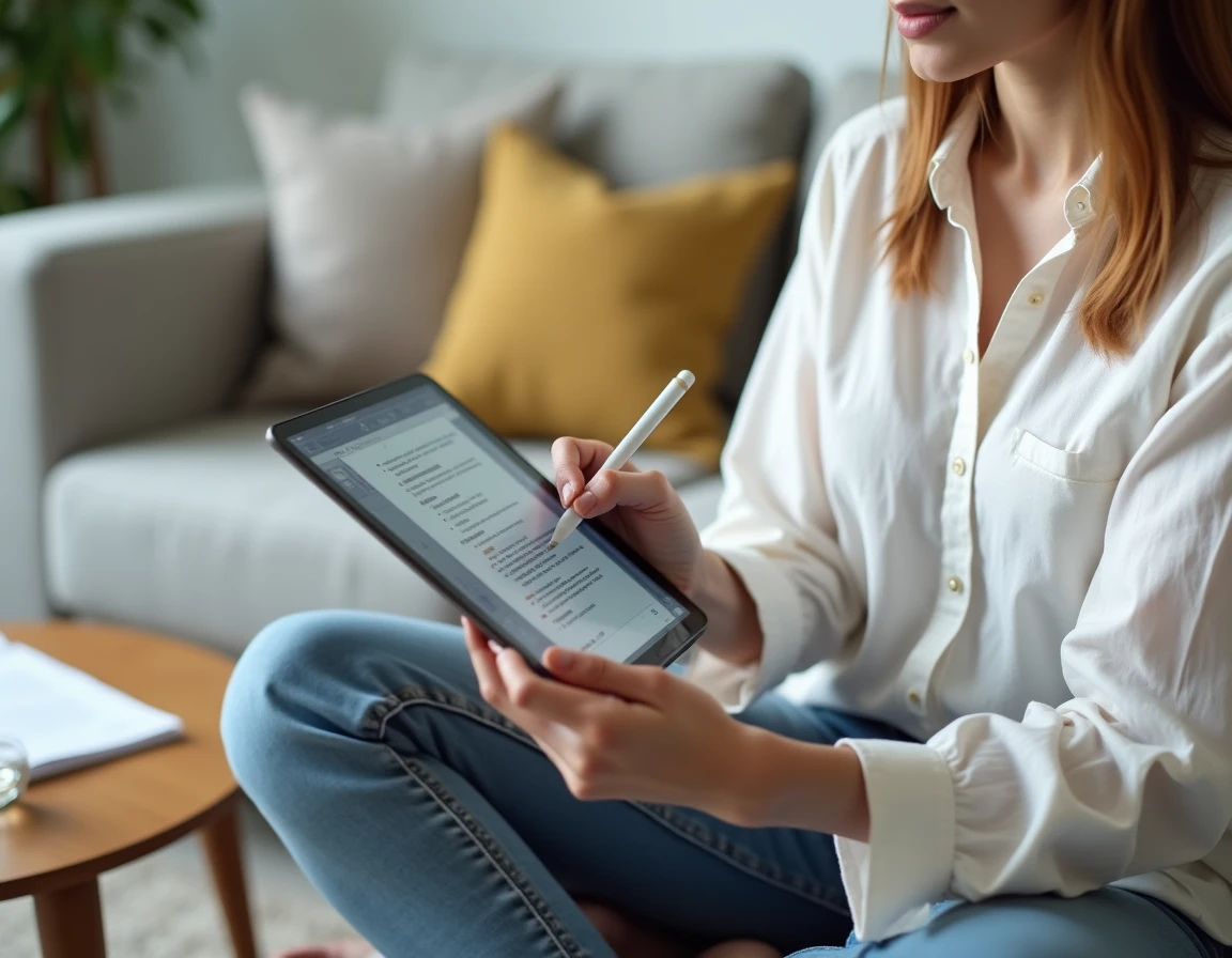Jeune femme supprimant une page de PDF sur tablette avec stylet dans un salon au style scandinave