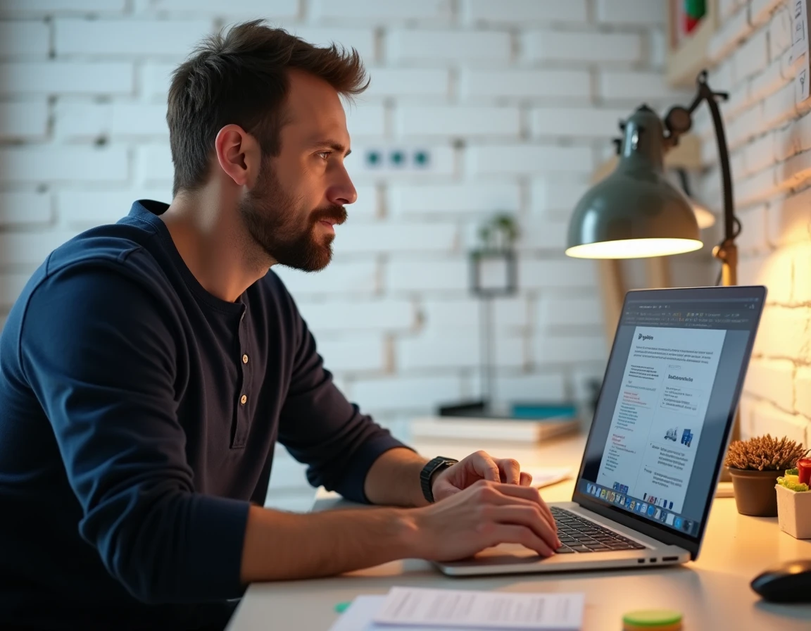 Homme en télétravail supprimant une page PDF via un menu contextuel dans un logiciel d'édition sur laptop