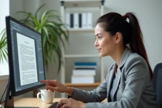 Femme professionnelle supprimant des pages dans un fichier PDF sur un grand écran d'ordinateur de bureau dans un bureau moderne