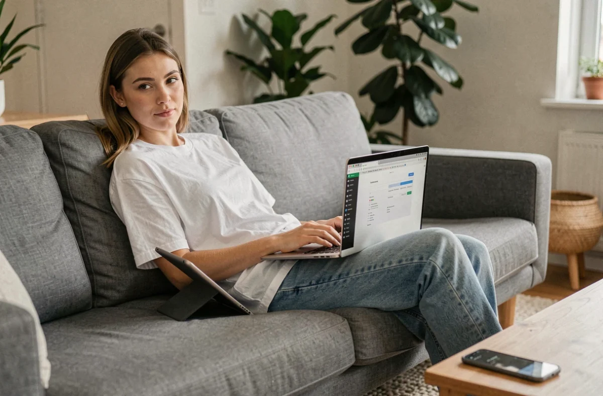 Jeune femme synchronisant ses recherches internet entre laptop tablette et smartphone dans son salon
