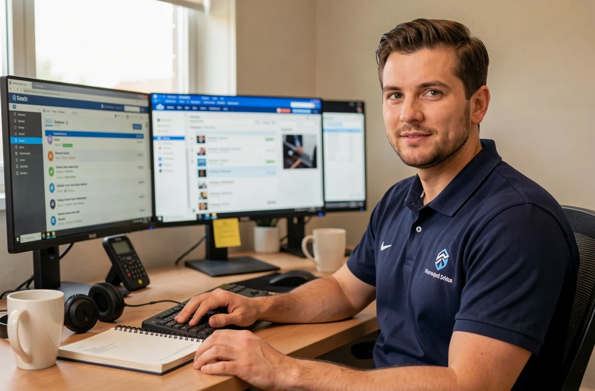 Technicien support informatique de SYS2I gérant des tickets à distance depuis un poste de helpdesk
