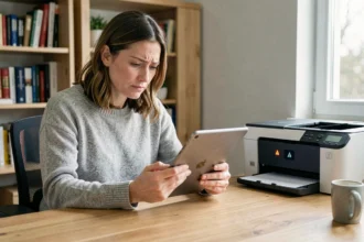 Femme consultant une tablette avec une imprimante wifi affichant une erreur dans un bureau à domicile