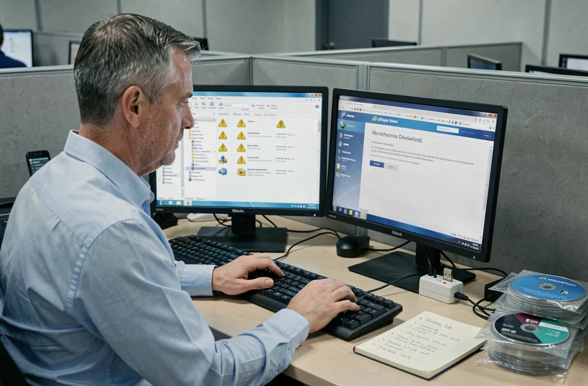 Technicien informatique résolvant des conflits de pilotes dans le gestionnaire de périphériques Windows 7 64 bits