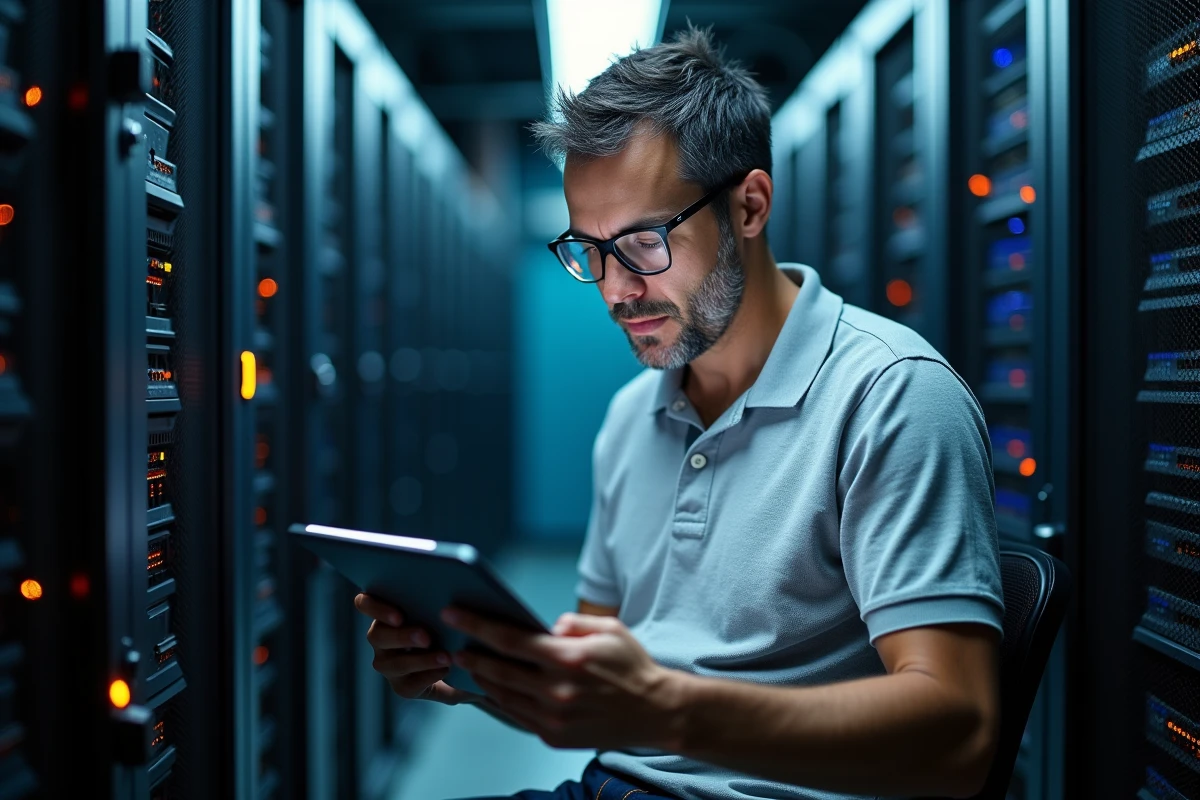 Technicien informatique diagnostiquant une panne réseau ENT dans une salle serveur