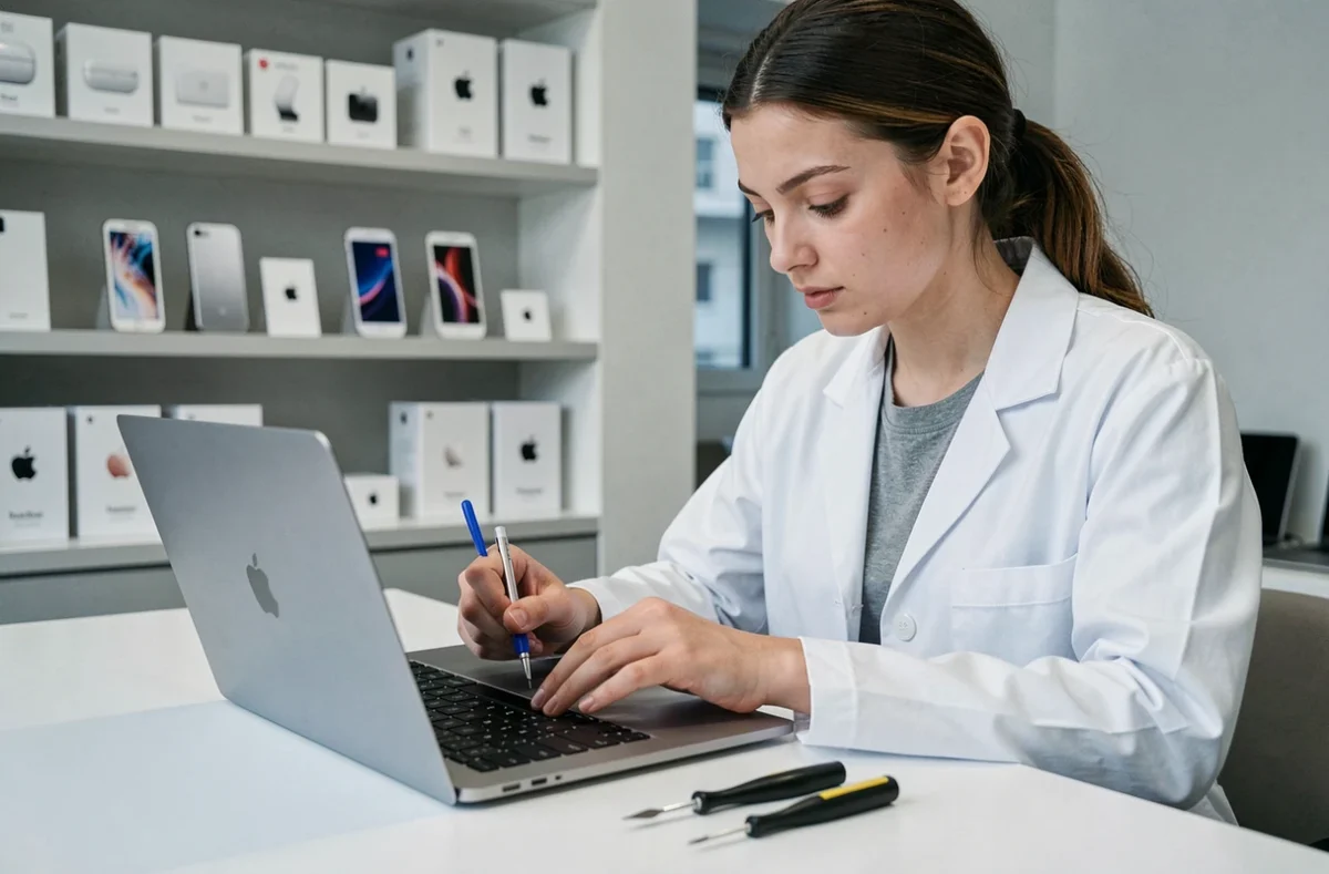Technicienne spécialisée Apple réparant un MacBook dans la boutique Technofix à Lille