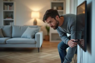 Homme vérifiant les câbles derrière une télévision pour résoudre un code erreur Orange L11-06