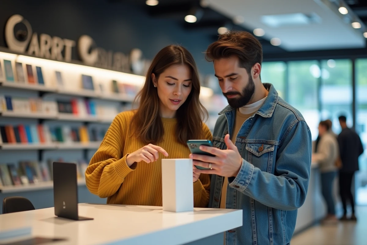 Deux personnes inspectant l'emballage d'un Samsung Galaxy A25 en magasin pour vérifier l'authenticité du produit avant achat