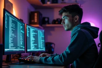 Jeune homme vidant le cache de FiveM sur son PC gamer dans une chambre d'informaticien