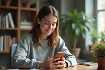 Jeune femme consultant des stories Instagram anonymement sur son smartphone depuis son bureau à domicile