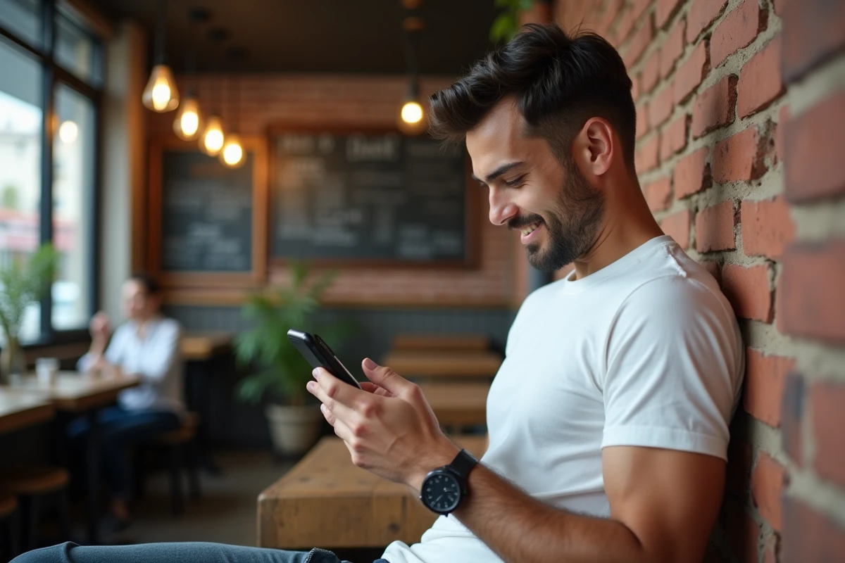 Homme parcourant anonymement des stories Instagram sur son téléphone dans un café urbain sans se faire remarquer
