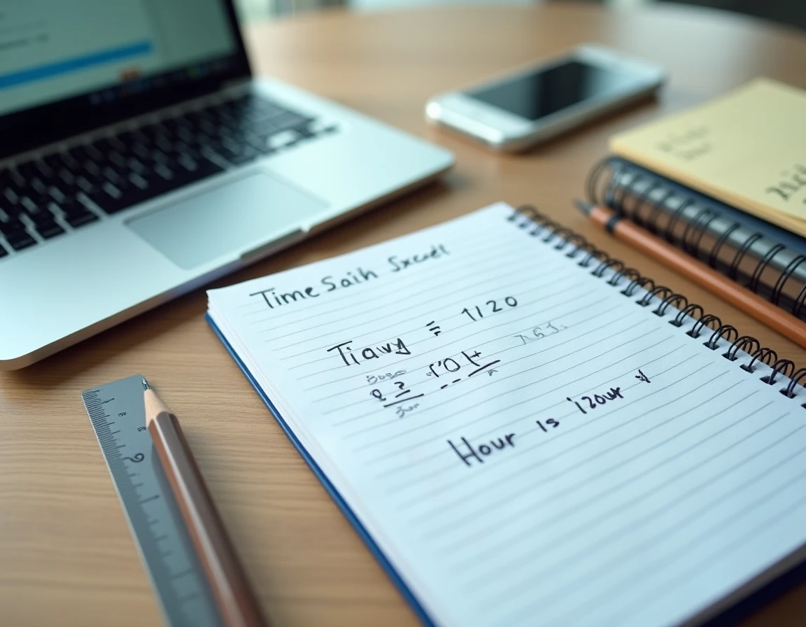 Vue en plongée d'un bureau avec bloc-notes de calcul d'heures manuscrit et écran Excel affichant des formules de soustraction horaire